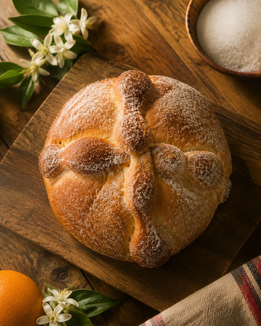 Pan de muerto espolvoreado con azúcar sobre tabla de madera